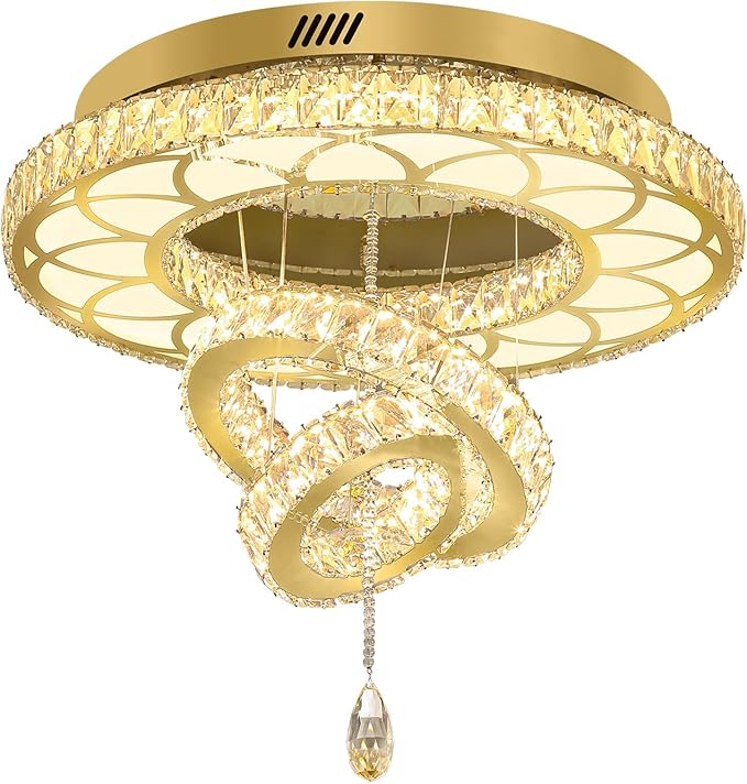 Flashing God Dia 24" Modern Crystal Chandelier for Living Room Gold Ceiling Chandelier Flush Mount Crystal Ceiling Light for Dining Room Bedroom Hallway