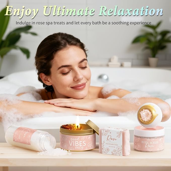 Spa Gifts for Women Bath Gift Set, Rose Relaxing Spa Gift Baskets Home Bath Set Self Care Kit Care Package Thank You Birthday Valentines Day Gifts for Her Women Mom Friends Sister Teen Girls Wife