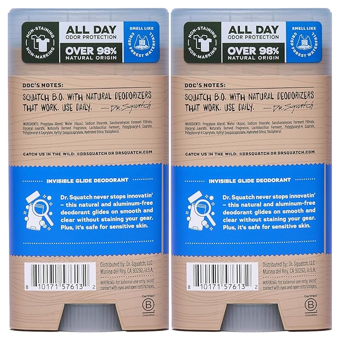 Dr. Squatch Invisible Glide Natural Men’s Deodorant – Smooth Glide, No Stains – Aluminum Free Deodorant Men – Safe for Sensitive Skin – Fresh Falls, 2.65oz (2-Pack)