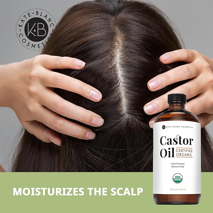 Kate Blanc Cosmetics Castor Oil Organic (16oz), 100% Pure, Cold Pressed, Hexane Free, Glass Bottle. Natural Oil for Hair, Eyelashes, Eyebrows. Body Oil & Skin Moisturizer with Starter Kit