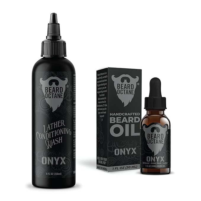 Beard Octane Fundamental Beard Kit - Beard Shampoo & Oil - Natural Beard Care with Jojoba & Argan (Onyx - Driftwood, Amber Musk & Leather)