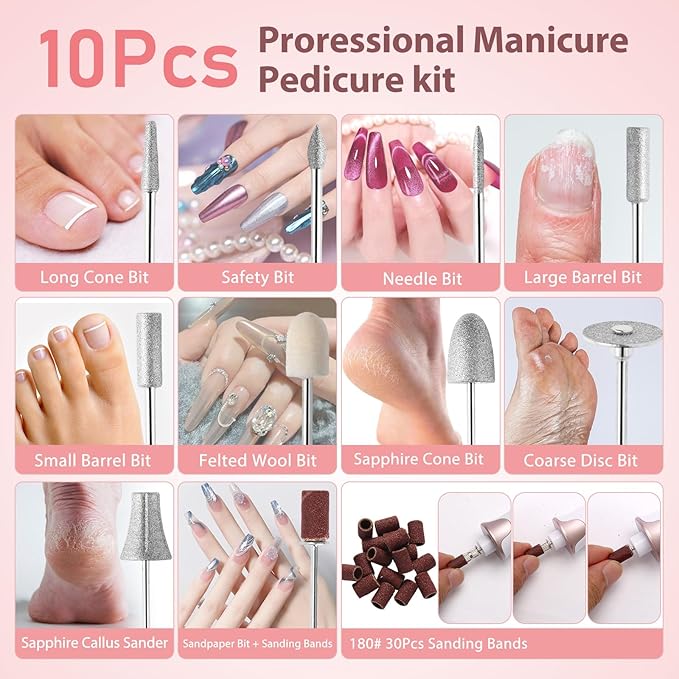 Electric Nail Drill Kit Cordless Professional Manicure Pedicure Nail File Buffer for Acrylic Nails Gel Polishing Removing Manicure Salon Home with Nail Drill Bits Sanding Bands