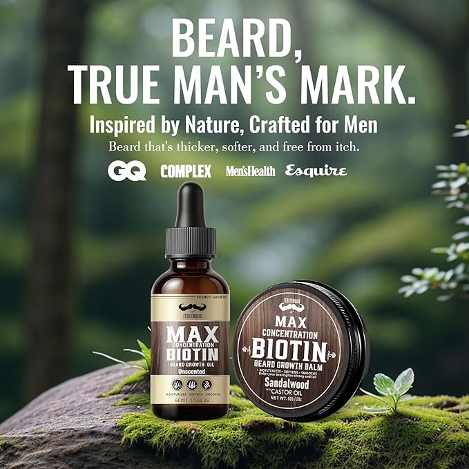 4X Concentration Biotin Beard Kit for Men – Unscented Oil & Sandalwood Balm Set (2 Pack) – Moisturizes, Softens & Promotes Growth – Premium Beard Grooming Gift for Father’s Day or Him