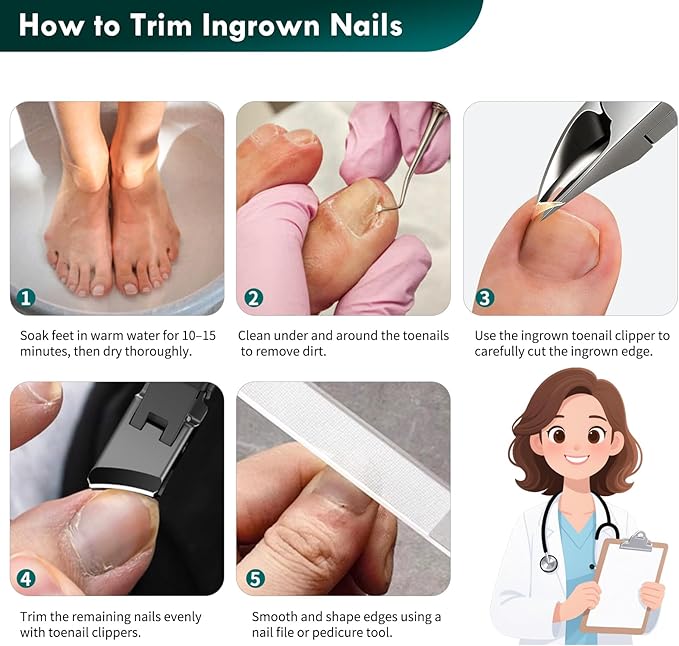 5-in-1 Professional Ingrown Toenail Tools Kit, Wide Jaw Slanted Nail Clippers & Heavy Duty Toenail Cutter Set for Seniors, Pedicure Manicure Tools for Thick or Ingrown Nails