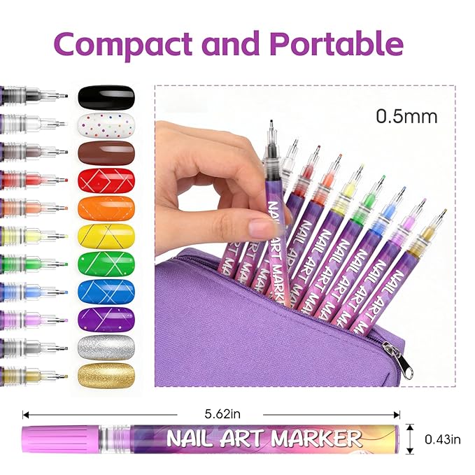 Nail Art Pens Set, 12 Vibrant Colors Nail Art Pens for Painting Nails, Quick Dry 0.5MM Fine Tip Nail Art Polish Markers, Acrylic Nail Pens for Nail Art Creation and Design, Party, DIY