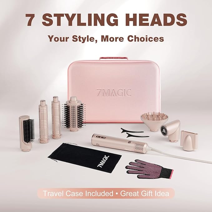 7MAGIC 7 in 1 Hair Styler & Hair Dryer Brush, 110,000 RPM High-Speed Blow Dryer with Negative Ions for Frizz-Free Styling Fast Drying Curling Volumizing Straightening, Hot Air Styler with Travel Case