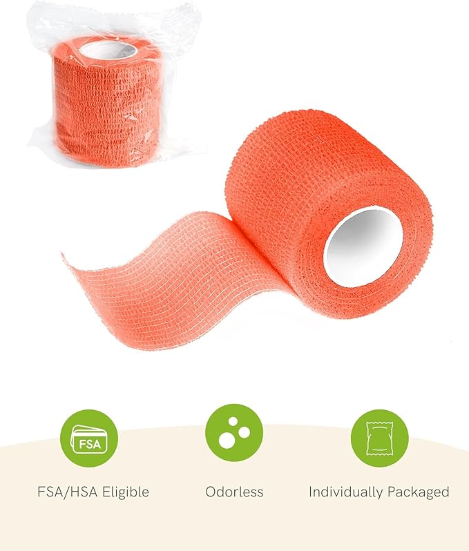 FriCARE Self Adhesive Bandage Wrap, Medical Tape in First Aid Kit, Cohesive Bandages for Wounds Sport Vet, 2 Inches X 5 Yards 6 Rolls, Fluorescent Orange