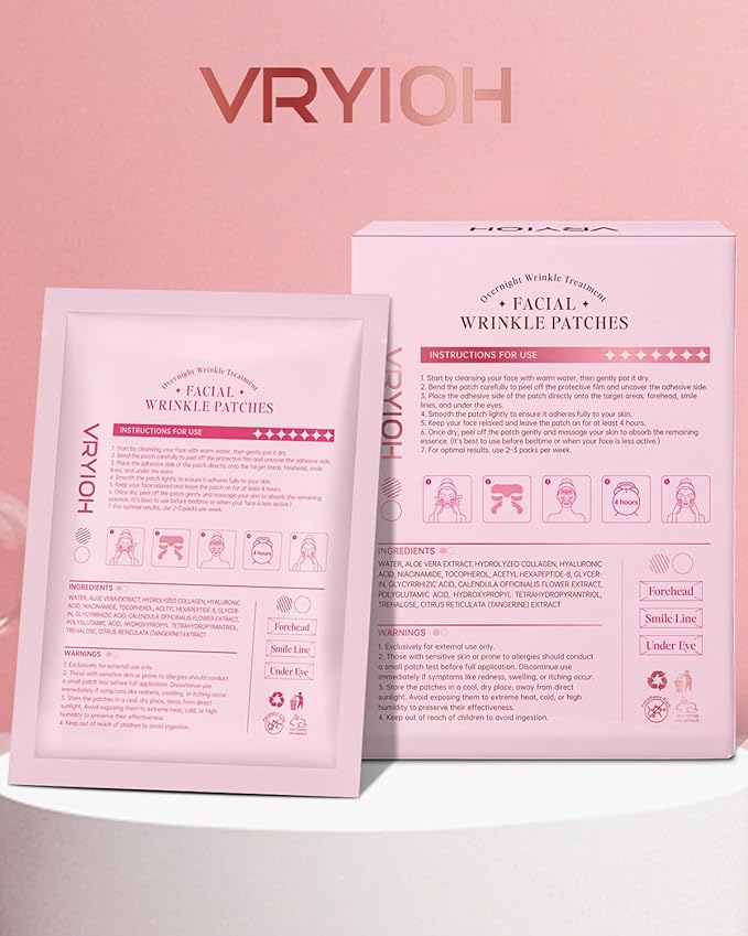 Vryioh 3 IN 1 Forehead, Smile Line & Under Eye Wrinkle Patches, Overnight Facial Wrinkle Treatment with Hyaluronic Acid, Collagen to Lift Lines for Women, 60 Patches