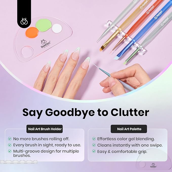 Beetles Nail Art Brushes Set for Gel Polish 8 Pcs - Nail Art Design Pen Fingernail Painting Dotting Tool, Liner Gradient Clean Up Brush DIY with Palette Rainbow Pastel Pen Set Manicure Kit