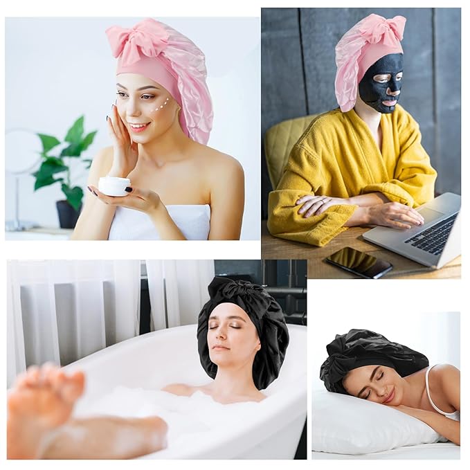 Arqumi Pack of 2 Satin Sleeping Bonnet, Large Sleep Bonnet with Long Strap, Adjustable Sleep Cap Hair Bonnet for Women & Men, Black+Pink