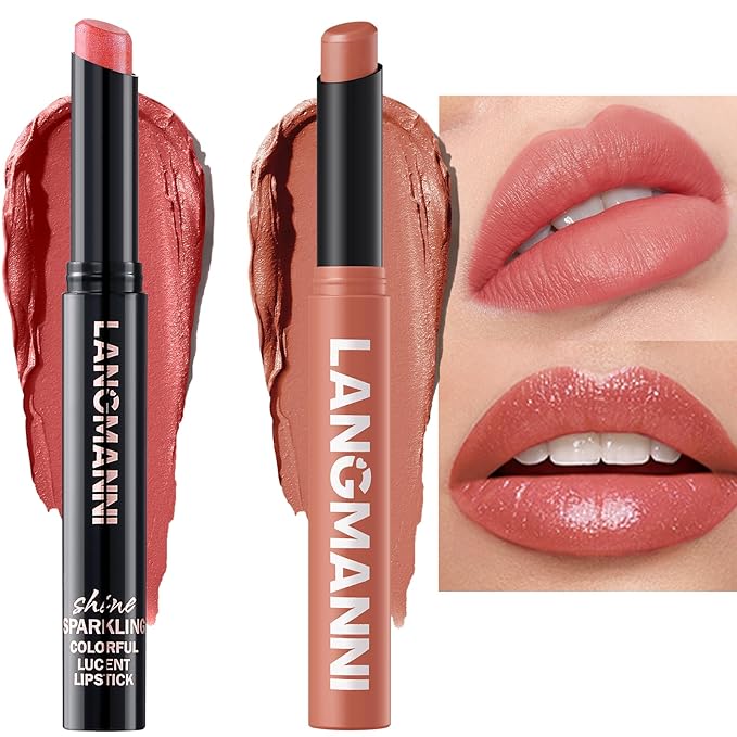 Jolilab 2Pcs Glitter Lip Kit - Velvet Matte & Nude Matte Lipstick + Glitter Lip Gloss/Glitter Lipstick High Pigmented Long-Lasting Waterproof Beauty Cosmetics Gift for Women(#10+05)