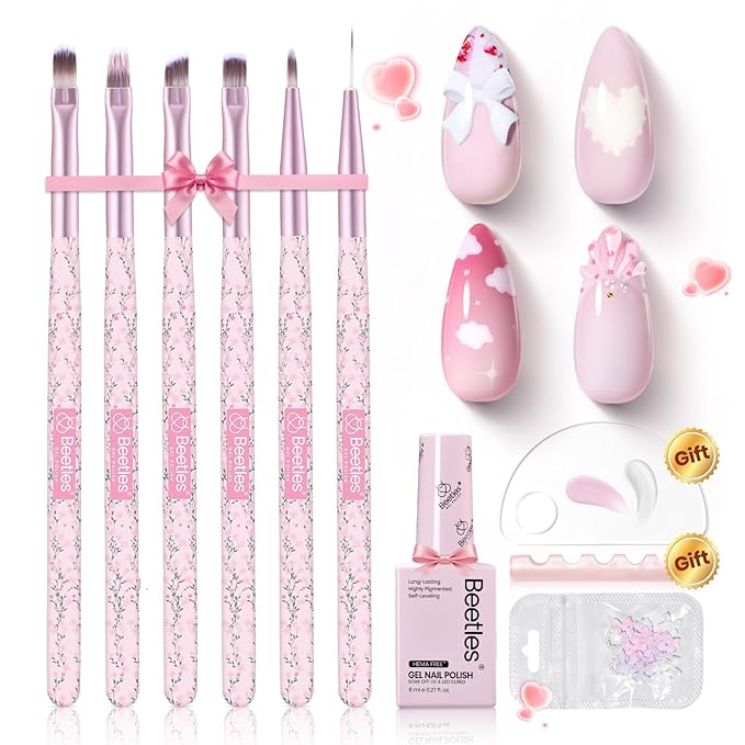 Beetles Gel Polish Nail Art Brushes Set 6 Pcs Nail Brush and 8 ml Pink Painting Gel, Floral Pattern Handle Gradient Bristles Fingernail Art Pens DIY with Bowknot Accessories Manicure Design Tools Set