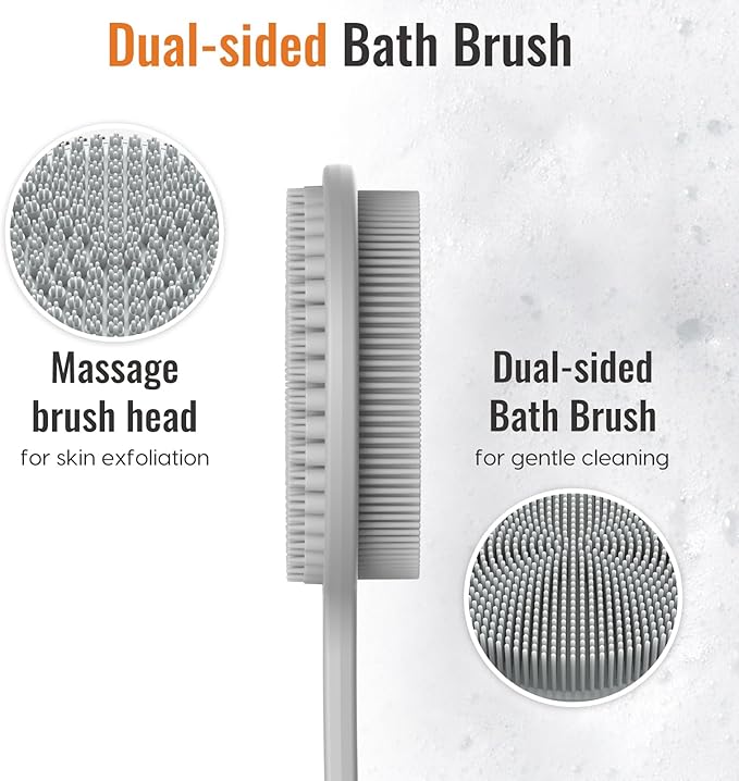 Silicone Back Scrubber for Shower, 17in Lengthen Long Handle Body Brush, Double Sided Shower Brush for Shower Exfoliating and Massage Can Produce Rich Foam, Long Handle Back Scrubber for Men