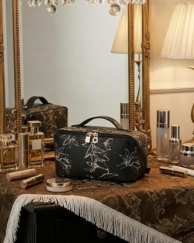 EACHY Travel Makeup Bag,Large Capacity Cosmetic Bags for Women,Waterproof Portable Pouch Open Flat Toiletry Bag Pattern Makeup Bag (F-Black-Large)