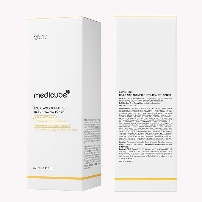 medicube Kojic Acid Turmeric Smoothing Toner for Face & Body | Lightweight Toner for Balancing Uneven Skin Tone & Texture | Niacinamide, Glycolic Acid for Clear Glass Skin | 8.45 fl.oz