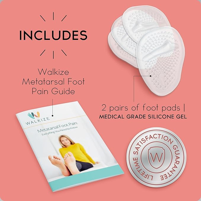 Walkize Metatarsal Pads Women | Heel Inserts for Women | Ball of Foot Cushions (2 Pairs Foot Pads) All Day Pain Relief and Comfort One Size Fits Shoe Inserts (Clear, 2 Pairs)