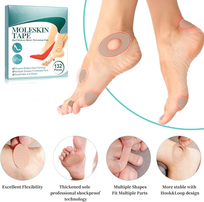 132PCS Moleskin Adhesive Pads for Feet, Flannel Adhesive Pads, Blister Prevention Padding Avoid Skin Blister, Foot Protection for Heels (12 Sheets)