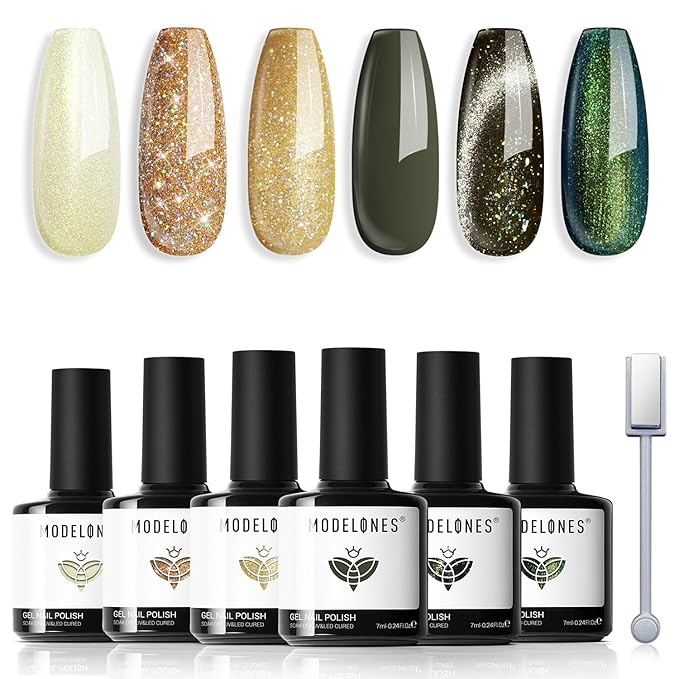 Modelones Gel Nail Polish Set, 6 Colors 2026 St Patricks Spring Green Gold Yellow Sparkle Reflective Glitter Gel Polish Dark Green 9D Cat Eye Nail polish with Magnet Soak Off LED Nail Art Kit DIY Gift