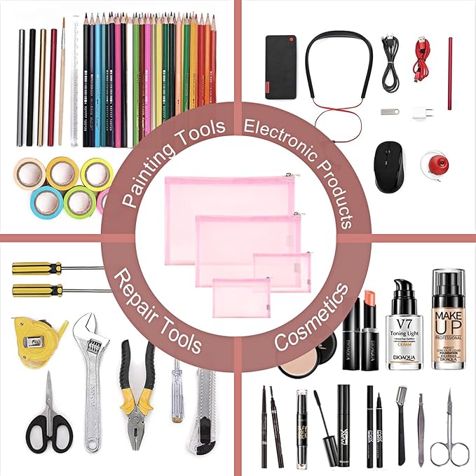 EASYFUN Mesh Pouch, Make up Bag with Zipper Cosmetic Organizer Pouch for Daily or Travel to Keep Small Items, 4 PCS Pink