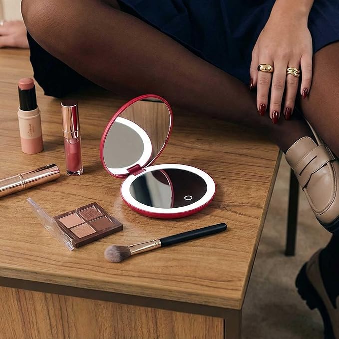 Fancii Taylor LED Lighted Travel Makeup Mirror, Rechargeable, 10x /1x Magnifying, Tru-Glow Light Technology, XL Large 5” Wide | Compact Mirror for Purses (Ruby Red)