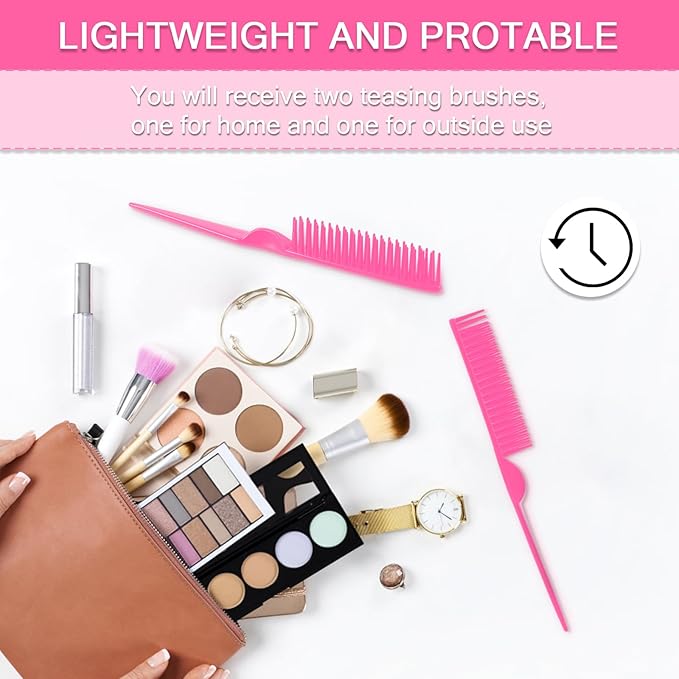 SIMPOR 3 Row Hair Comb for Natural Detangling Hair Styling Brush Nylon Bristle Unbraider Teasing Comb Rat Tail for Women Men Rose Pink