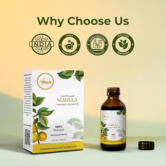 MY ACE Marula Seed Carrier Oil | 100% Pure Cold Pressed Lightweight Oil with Dropper, Fast-Absorbing & Preservative-Free for Face, Hair, Skin, Body Massage & DIY Blends – 4 fl oz