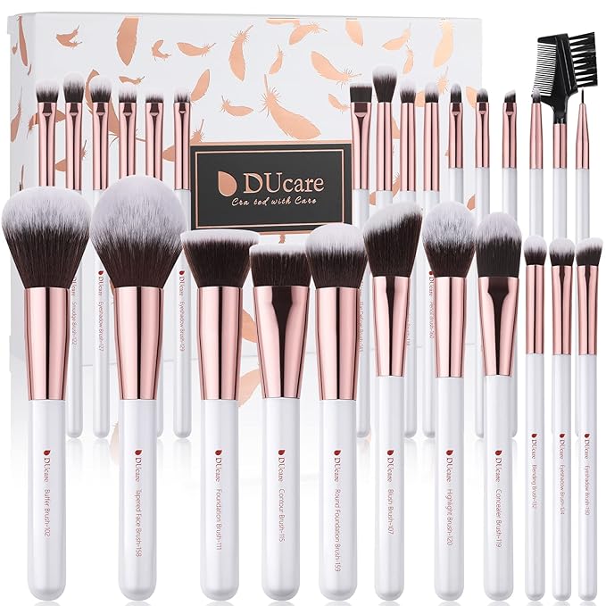 DUcare Makeup Brush Set Professional 27Pcs Makeup Brushes Premium Synthetic Kabuki Foundation Blending Face Powder Blush Concealers Eye Shadows Make Up Brushes Kit White