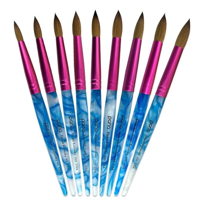 PANA Pure Kolinsky Hair Acrylic Nail Brush - Round Shape Pink Ferrule with White Swirl Blue Handle (Size 20)