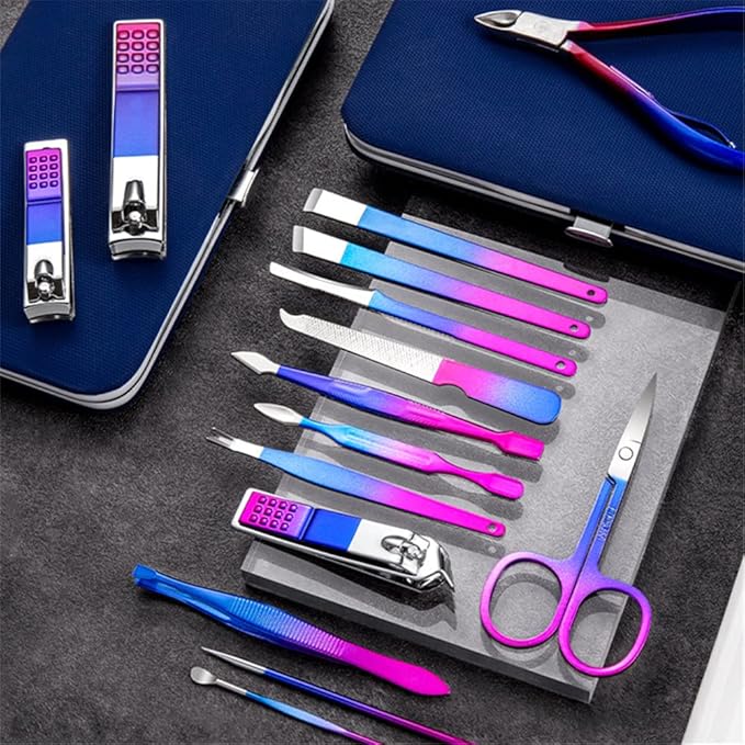 Manicure Set, Professional Nail Clippers Kit, Pedicure Care Tools, Professional Women Grooming Kit -Premium Stainless Steel with Blue Travel Case Set 15PC Great Gift(Colorful)