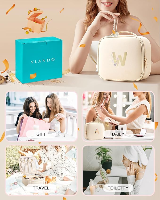 Vlando Gift for Women,Travel Makeup Bags for Women,Birthday Gifts for Friends Initial Sister Birthday Gift Ideas Wedding Gifts(Letter W)