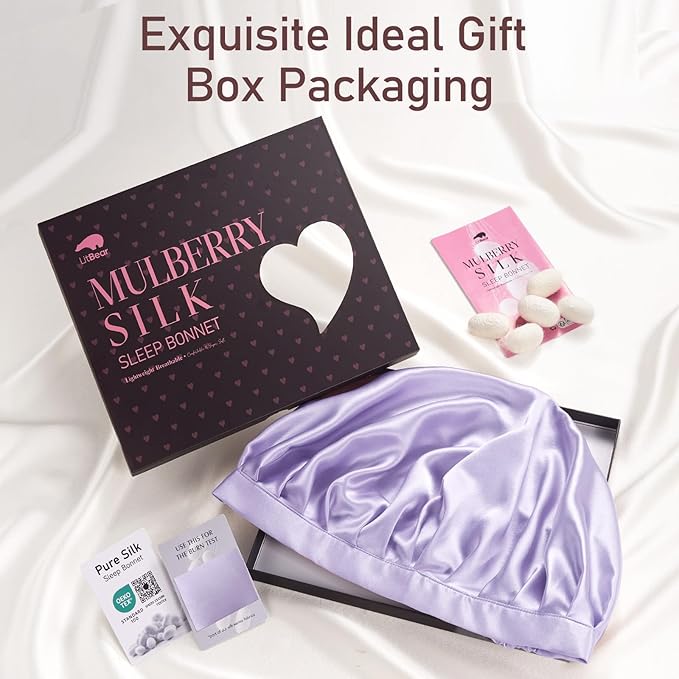 LitBear 100% Mulberry Silk Bonnet for Sleeping Women, 22 Momme Silk Hair Wrap with Elastic Band for Long Short Curly Hair