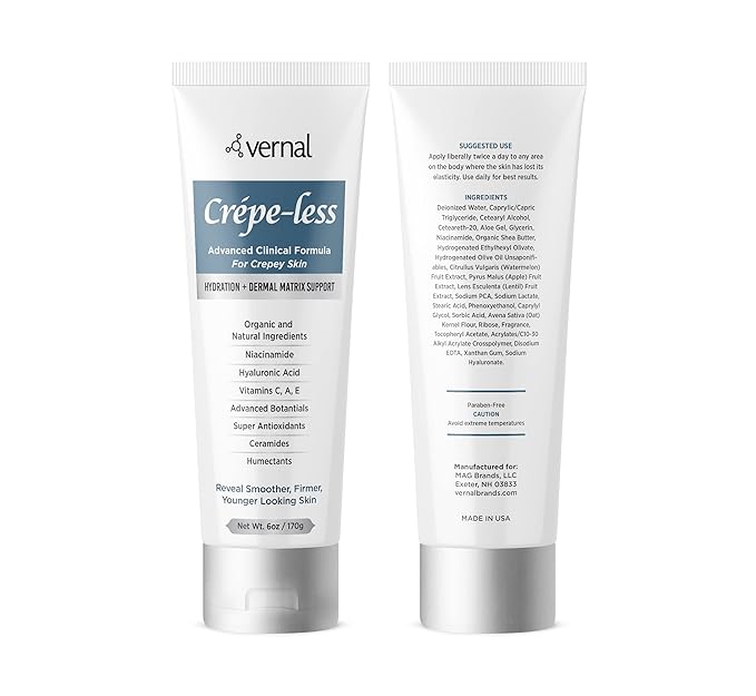 Vernal Crepe-less skin firming cream to reduce crepey arms, neck & hands. Organic tightening cream to reduce thin dry wrinkled skin. Best moisturizer to treat dry thin arms. Made in USA (6 Oz)