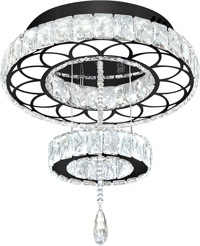 Flashing God Dia 16" Black Modern Crystal Chandeliers Flush Mount Chandelier Dimmable LED Light Crystal Ceiling Light for Hallway Bedroom Living Room Dining Room