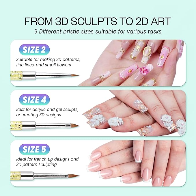 PANA Kolinsky 3D Acrylic Nail Brushes with Liquid Glitter Handle - For Professional Acrylic Powder Liquid Manicure Pedicure (Rainbow Color, Size #2)