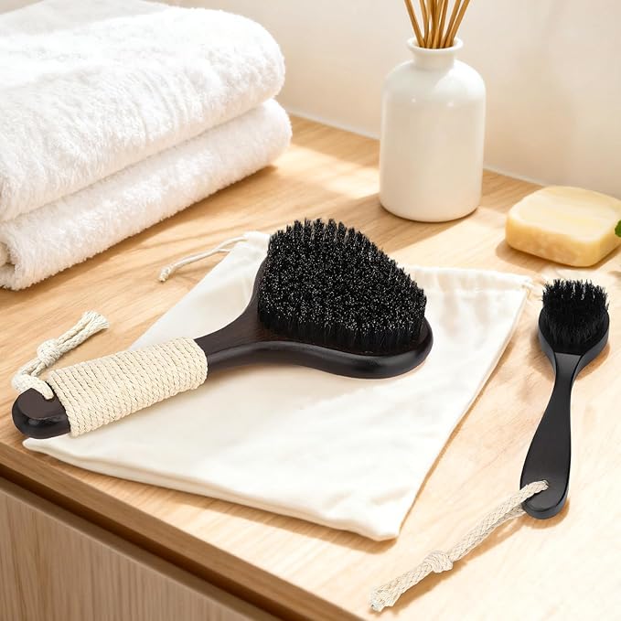 Bamboo Dry Brushing Set with Body and Face Brush, Dry Scrub Brush with Exfoliating Natural Boar Bristle for Lymphatic Drainage, Cellulite Reduction, Blood Circulation and Glowing Skin, 2 Pack