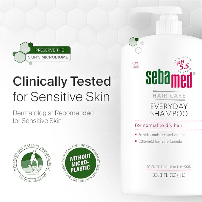 SEBAMED Everyday Shampoo for All Hair Types and Sensitive Scalp 33.8 Fl. Oz (1L) Hypoallergenic Dermatologist Recommended pH 5.5 Soap and Alkali Free