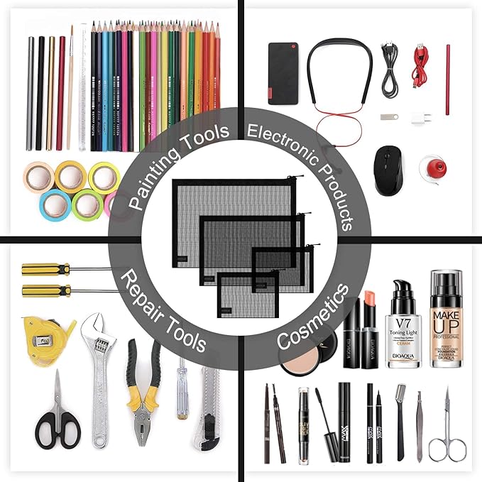 EASYFUN Mesh Pouch, Make up Bag with Zipper Cosmetic Organizer Pouch for Daily or Travel to Keep Small Items, 4 PCS Black