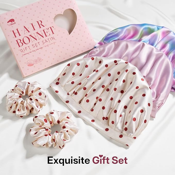 LitBear Silk Satin Bonnet for Sleeping Women, Adjustable Double Layer Hair Bonnet with Scrunchies for Curly Natural Hair, Non Slip Softer Night Sleep Cap