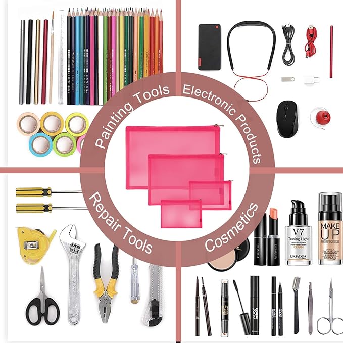 EASYFUN Mesh Pouch, Make up Bag with Zipper Cosmetic Organizer Pouch for Daily or Travel to Keep Small Items, 4 PCS Rose red