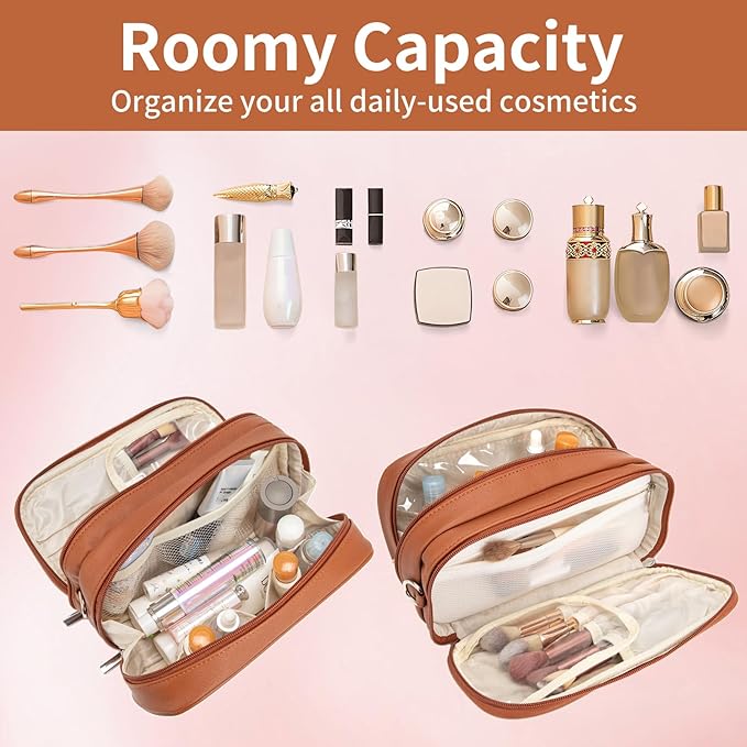 Makeup Bag for Women, Wide-open Makeup Organizer with Makeup Brush Holder, Waterproof Cosmetic Bag with Compartment, Portable Travel-Size Toiletry Bag for Traveling, Large Make Up Bag (Brown)
