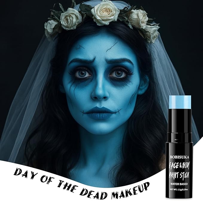 BOBISUKA Light Blue Face & Body Paint Stick Water-Based Washable Face Paint Makeup Stick for Halloween Sally, Corpse Bride, Avatar, Skeleton, Smurf, Cosplay, SFX, Sports Eye Black & Costume Party