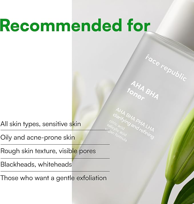 Face Republic AHA/BHA Toner 160ml 5.41 fl oz | Clarifying, Refining, Hydrating | Pore Care, Gentle Exfoliation | AHA BHA PHA LHA | for Oily, Sensitive Skin | Alcohol-Free | Vegan Korean Skincare