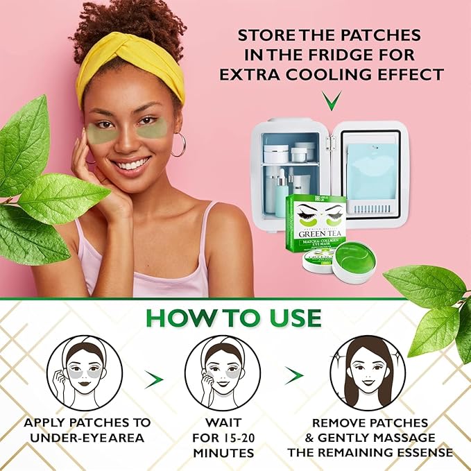 Green Tea Under Eye Patches 60 Pads - Matcha Under Eye Mask for Reducing Puffiness, Dark Circles, Wrinkles, Dull Skin, Fine Liners - Moisturizing Gel Pads with Hydrolized Collagen - All Skin Types