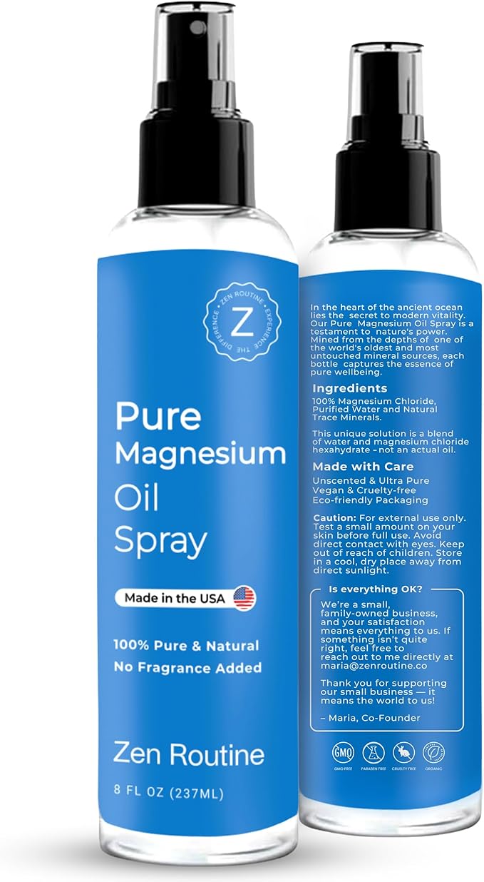 Pure Magnesium Oil Spray 8oz (Single) – USP Grade – Topical for Feet, Body, Muscles, Leg Cramps & Sleep – Extra Strength, Less Sting – 100% Organic & Natural — Made in USA