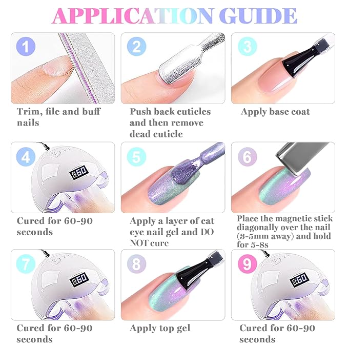 RARJSM Aurora Ocean Cat Eye Gel Nail Polish Set 6pcs Ceramic Duo Color Shimmer Universal Pink Orange Green Blue Purple Glitter Pearl Shell Mermaid Cateye Effect with Magnet Stick Curing Requires