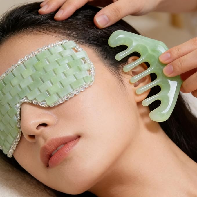 2 Pcs Jade Eye Mask & Scalp Massager Comb Set, Green Jade Stone Gua Sha Scalp Massager Tools, Facial Cooling & Head Spa Fit Relaxation Puffiness Relief