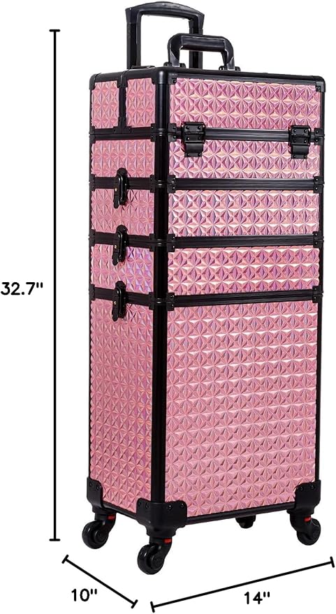 AROUS 5 in 1 Rolling Makeup Train Case Cosmetology Case on Wheels Large Cosmetic Organizer Travel Cart for Hairstylist Artist Nail Beauty Salon Barber,Pink