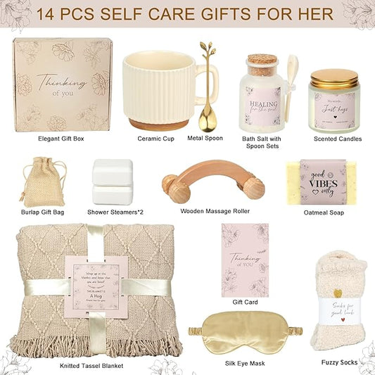 Thinking of You Gift Basket, Self Care Get Well Soon Birthday Gifts for Women, Relaxing Spa Gifts Basket Sick Care Package for Women, Relaxation Get Well Gift for Woman After Surgery, Sympathy Baskets