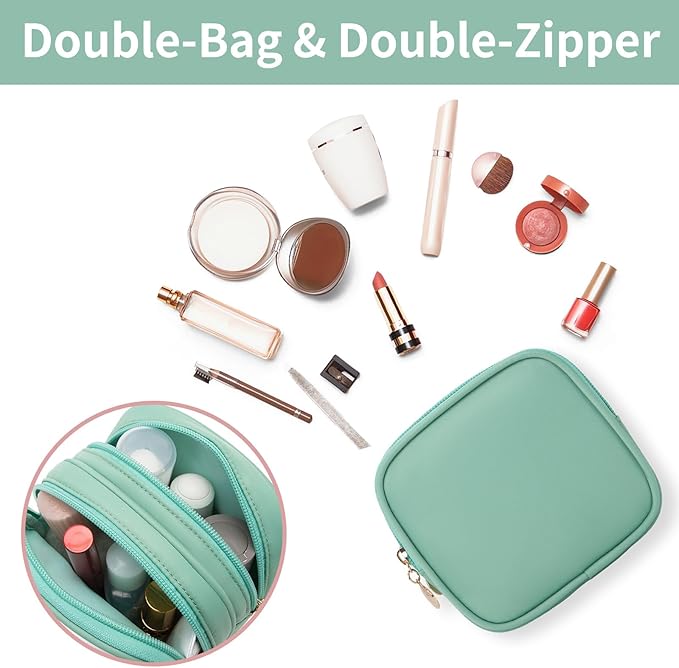 Small Makeup Pouch, Double Zipper Cosmetic Bag, Travel Makeup Bag, Cute Makeup Bag for Purse, Mini Toiletry Bag (mint green)