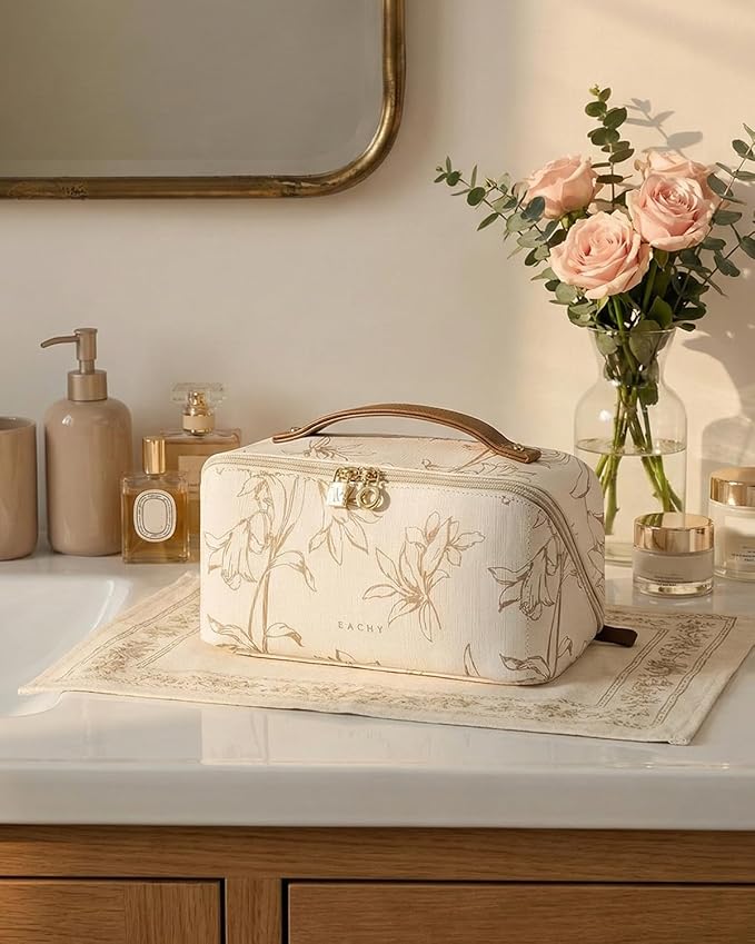 EACHY Travel Makeup Bag, Large Capacity Cosmetic Bags for Women, Waterproof Portable Pouch Open Flat Toiletry Bag Pattern Make up Bag (F-Beige)